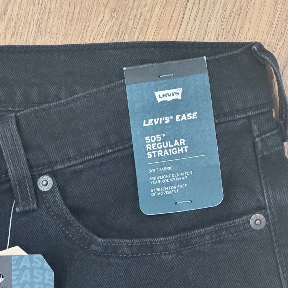 Levis 505 Regular Straight Ease Black Denim Stretch Jeans 36x34 005052912 NEW
